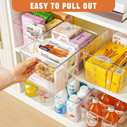 Freebat 12 Pack Middle Organizers and Storage, Pantry Organization and Storage Bins, Cabinet Organizer, Clear Plastic Storage Containers with Handle，Acrylic Storage Bins for Cabinet, Fridge