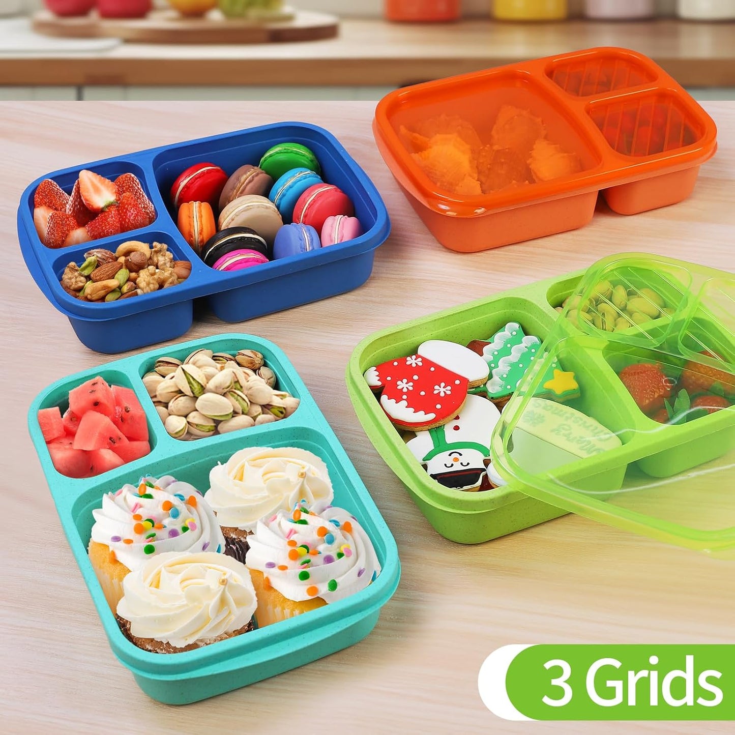 buluker 4 Pack Bento Lunch Box Set 3 Compartment Food Storage Containers Wheat Straw Meal Prep Lunch Box Plastic Food Storage Containers, Microwave and Dishwasher Safe (light colour)