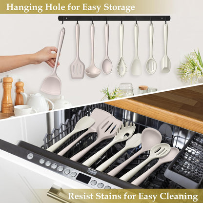 LIANYU Non-Toxic Silicone Kitchen Utensils Set, 8 Piece Non-Scratch Cooking Spoons & Spatulas, Stainless Steel Core, Heat Resistant & Dishwasher Safe, Khaki