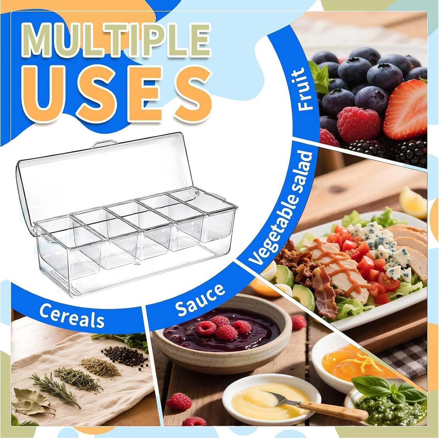 Large Ice Chilled Condiment Caddy，Chilled Condiment Containers Server with Lids for 5 Removable Compartments ，Serving Platters , Fruit & Garnish Tray for Party Supplies & Bar Accessories-Transparent
