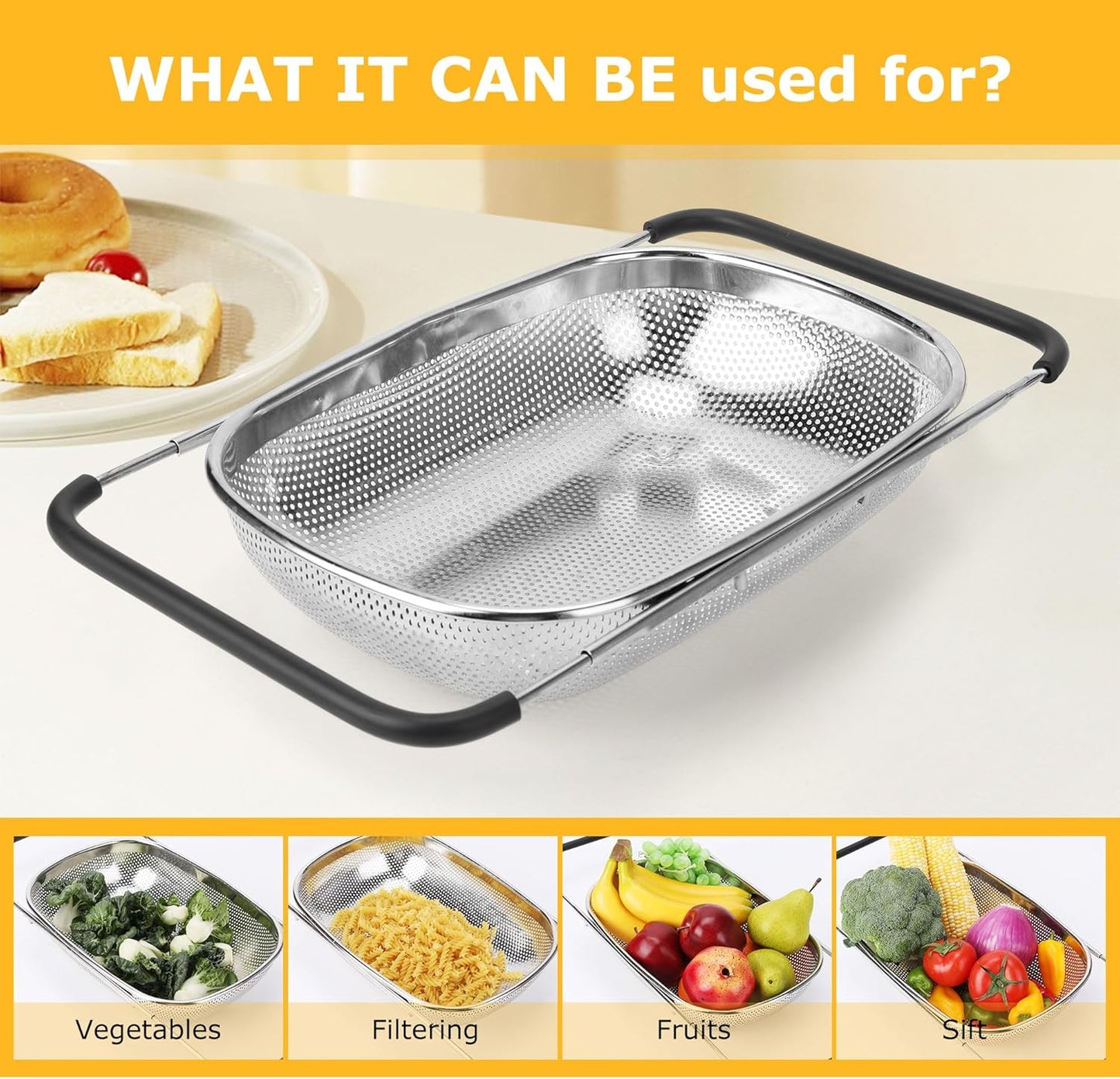 ZDRongZhen Kitchen Accessories Over the Sink Colander Strainer Basket，Stainless Steel Colander with Expandable Rubber Grip Sink Drainer-Rinse Vegetables Fruits &Strain&Drain (Large-Fine mesh)