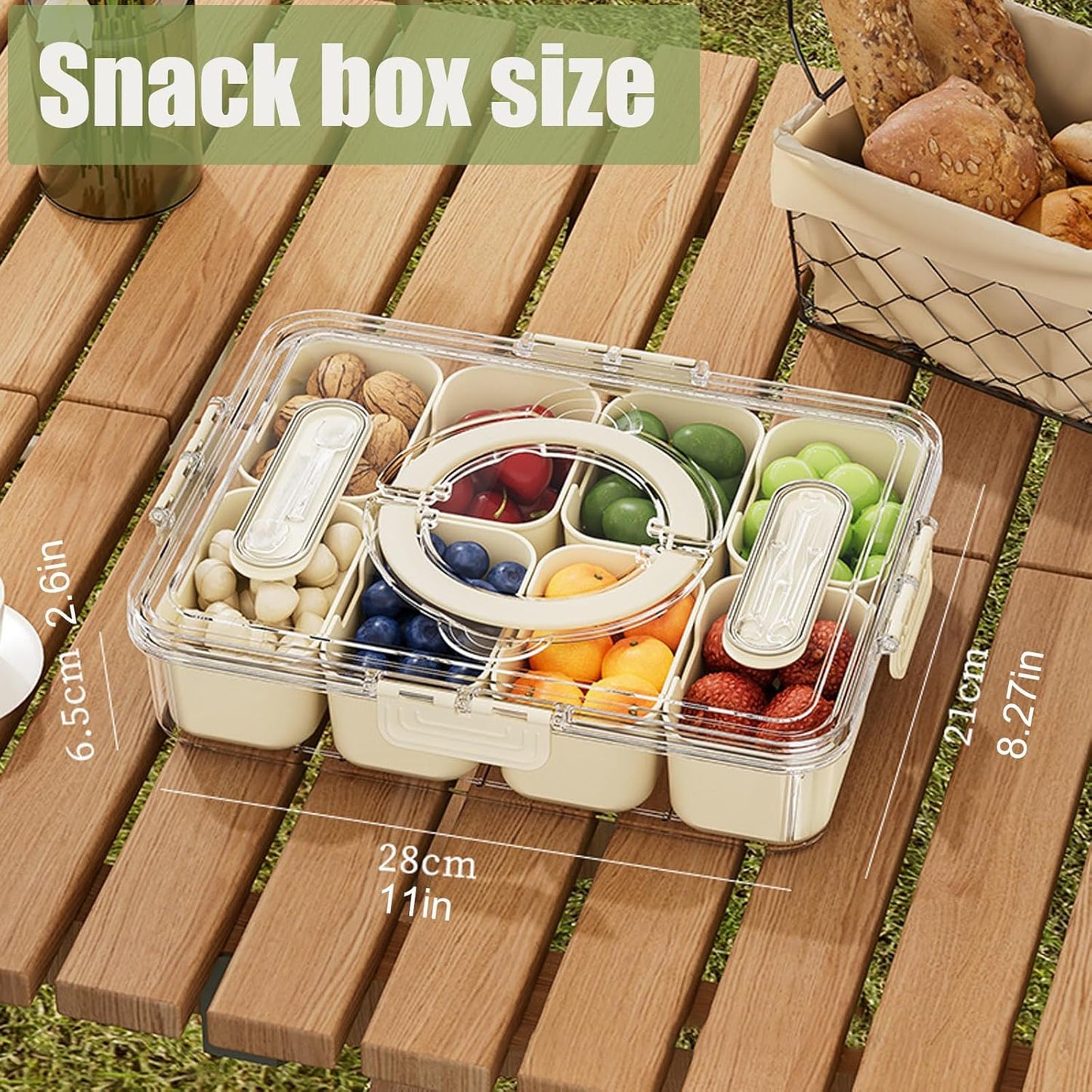 Snackle Box Container Portable - Large 8-Compartment Divided Serving Tray with Lid and Handle, Grab and Go Snack Containers Reusable for Travel and Outdoor Camping, Leak-Proof, BPA-Free