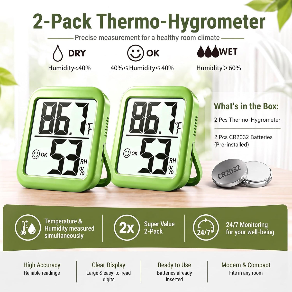 Antonki 2 Pack Room Thermometer Indoor Hygrometer
