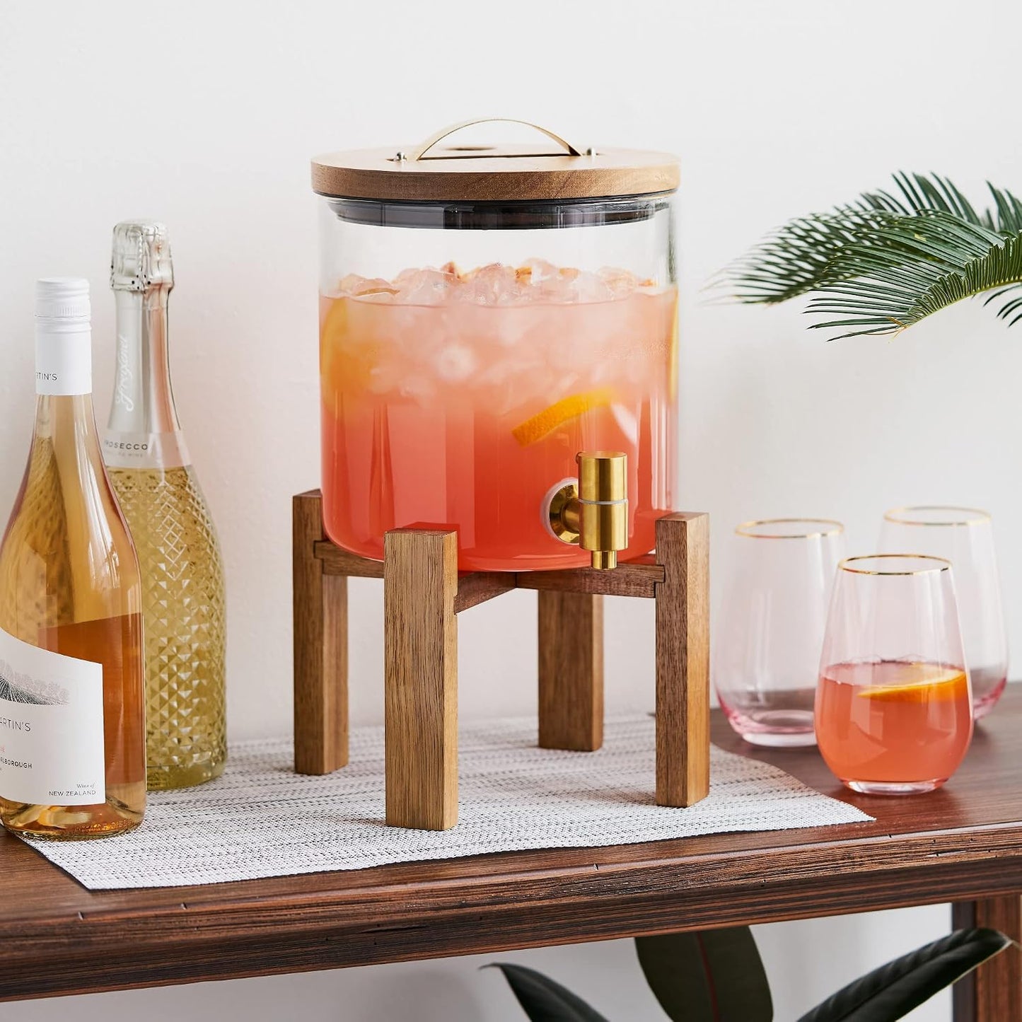 Twine Outdoor Double Drink Dispenser, Beverage Spigot Dispenser, Cocktail Dispenser for Parties with Collapsible Wood Drink Stand, Stackable Dispenser Set of 1