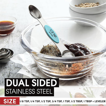 Spring Chef Stainless Steel Magnetic Measuring Spoons Set with Strong N45 Magnets, Heavy Duty Metal Kitchen Gadgets for Baking & Cooking, Fits in Most Kitchen Spice Jars, Set of 8 with Leveler, Black