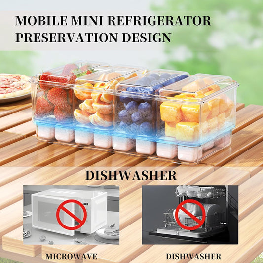 MANO 2pack Chilled Condiment Caddy with Lid Iced Snackle Box Container for Fruit Veggie Serving Tray with Handle Divided Garnish Tray Server Outdoor Camping Picnic Fridge Storage white&beige