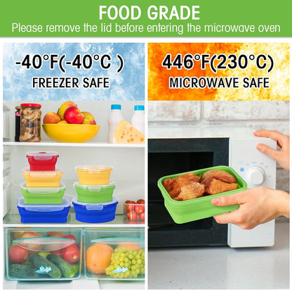 Yaomiao 16 Pack Collapsible Food Storage Containers with Lid Foldable 8 Pcs Rectangle Storage Bowl and 8 Pcs Round Silicone Food Bow for Lunch Rv Accessories Microwave Freezer Safe(Gray, Blue)