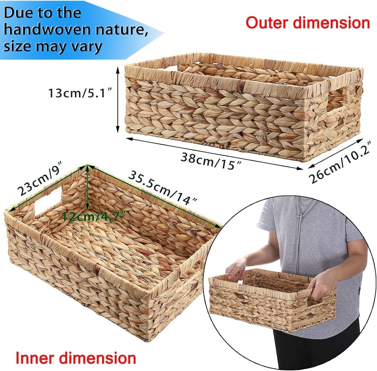 Hipiwe Wicker Basket Water Hyacinth Baskets Rectangular Decorative Baskets Bin for Shelf Organizing, Handwoven Storage Basket Bins with Built-in Handles,15.9"x12"x5.9"