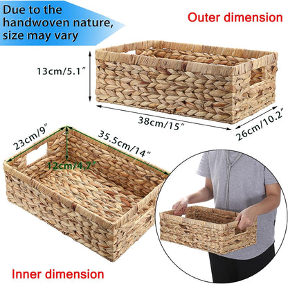 Hipiwe Wicker Basket Water Hyacinth Baskets Rectangular Decorative Baskets Bin for Shelf Organizing, Handwoven Storage Basket Bins with Built-in Handles,15.9"x12"x5.9"