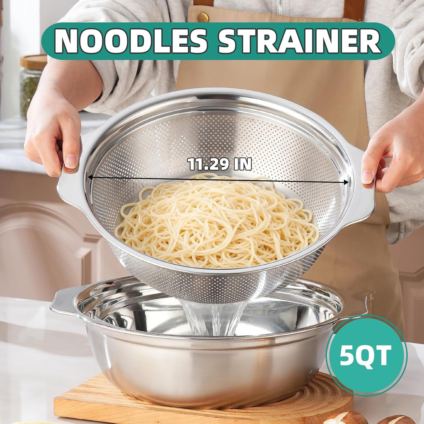 Stainless Steel Colander for Kitchen 2-Quart, Strainer Microporous with Mixing Bowl, Rice Strainer for Washing Vegetables, Fruit and Draining Cooked Pasta, Dishwasher Safe