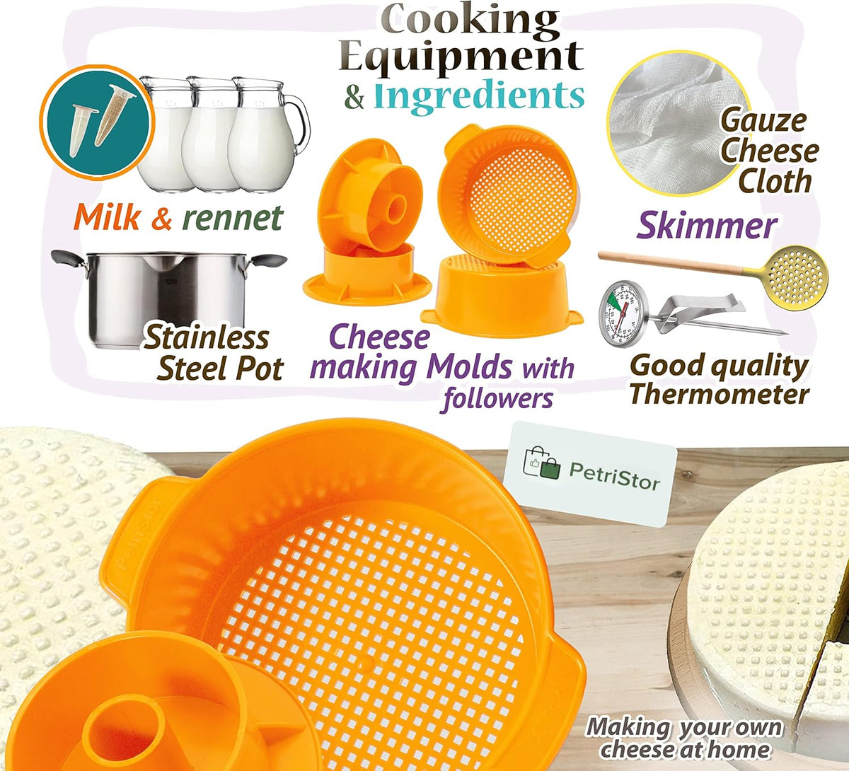 PetriStor 2 pcs Cheesemaking Kit Butter Punched Сheese Mold Press Strainer cheese With Follower Piston 1,2 liters Tofu Press Mold Cheese Making Kit Machine Color yellow
