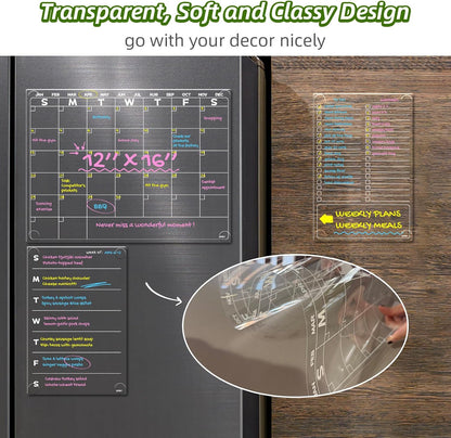 JJPRO Non-Magnetic Dry Erase Calendar for Fridge, Clear Monthly Calendar, Weekly Daily Meal Board Bundle -Starts Sunday,12"x16" Clear Reusable Calendar Stick to Fridge,Wall, All Smooth Surfaces