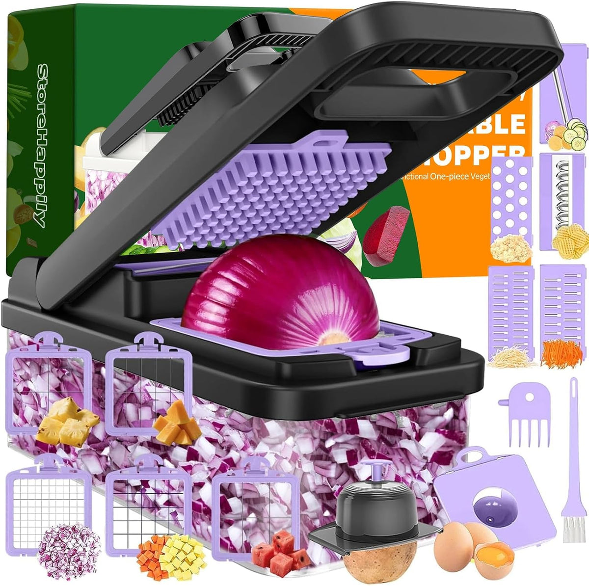 12-in-1 Vegetable Chopper 7 Blades, Veggie Cutter with Handle, Black/White