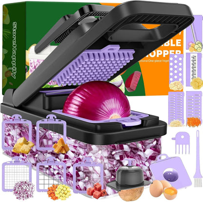 12-in-1 Vegetable Chopper 7 Blades, Veggie Cutter with Handle, Black/White