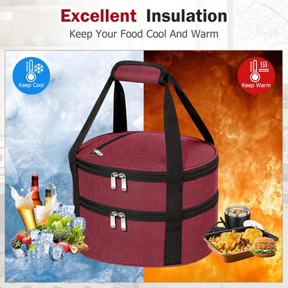 Round Insulated Casserole Carrier – 12" Portable Pie Carrier Bag for Hot or Cold Food, Leakproof Thermal Lunch Tote with Handle for Parties Picnic & Travel - Grey