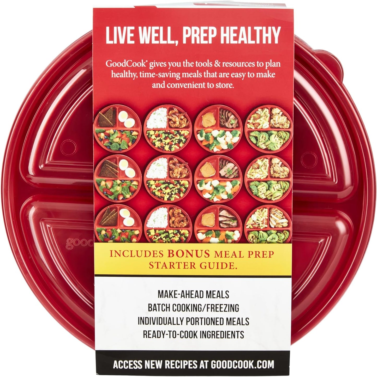 GoodCook Meal Prep Containers Set Microwave & Dishwasher-Safe Round Food Organizers with Labeled Compartments BPA-Free Food Storage Set with Snap Shut Lids Portion Control, 10-Pieces, Red