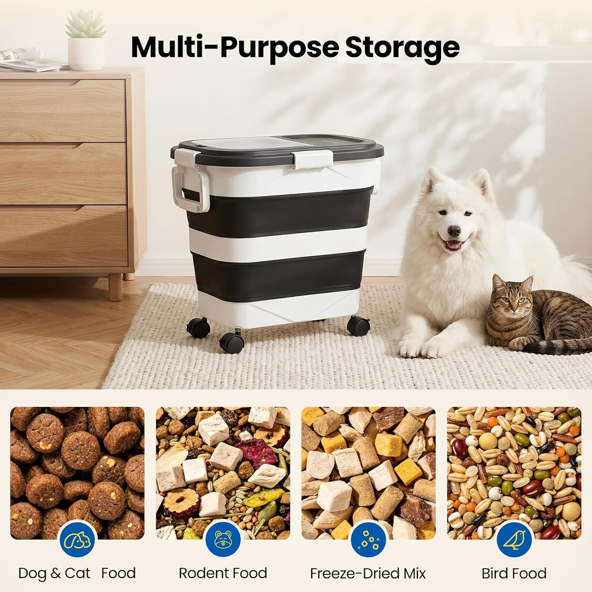 Dog Food Storage Container 20-25lbs, Airtight Pet Food Bin with Locking Lid & Clear Window, Collapsible Rolling Storage Container with Wheels and Scoop, Black