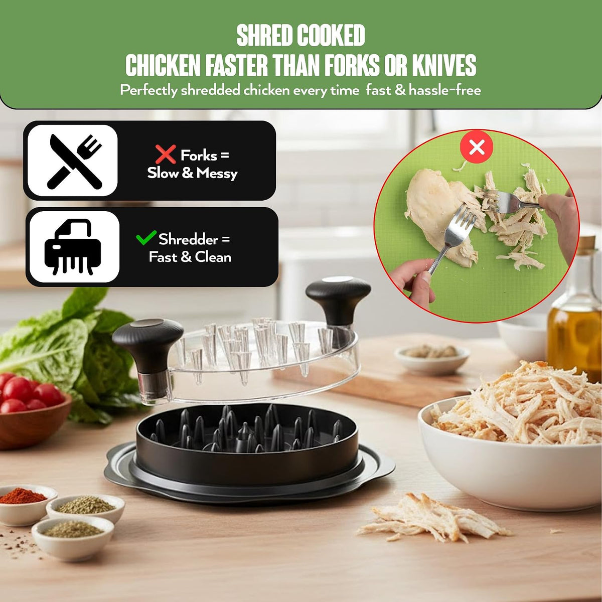Chicken Shredder Tool Large Capacity with Twist Handle, Visible Meat Shredder for Chicken Breast, Pork & Beef, Anti-Slip Base, BPA-Free with Cleaning Brush