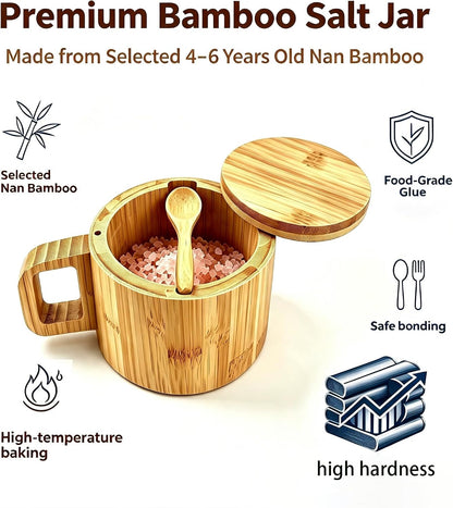 Bamboo Salt Cellar with Handle, 10oz Magnetic Swivel Lid & Spoon