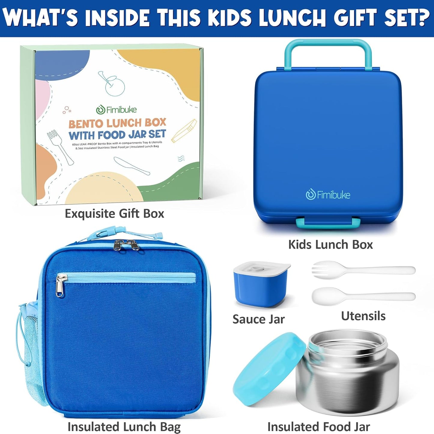 Fimibuke Bento lunch Box Set for Kids Adult with 8oz Insulated Food Jar, Lunch Bag & Sauce Cup, Leakproof Dishwasher Safe Toddler Lunch Food Container with 3-4 Compartment for School Girls Boys