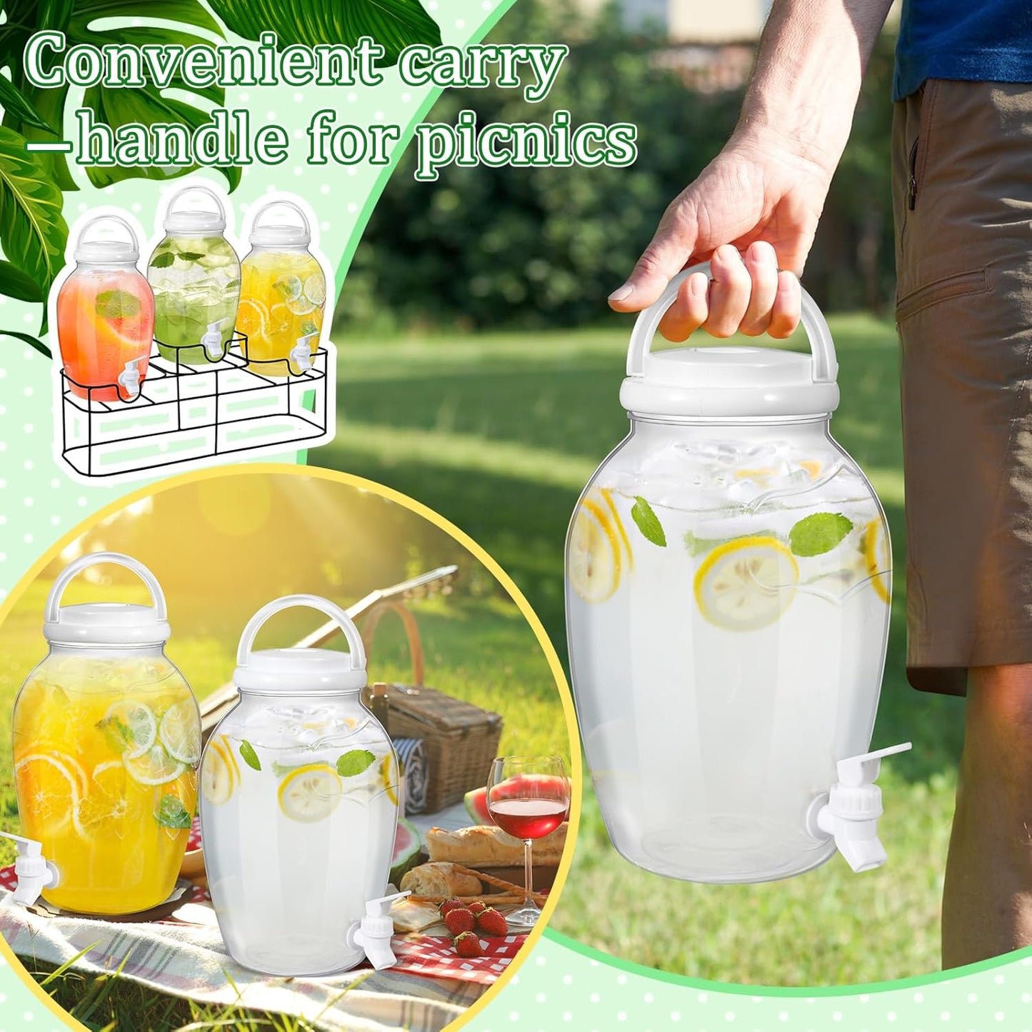 Tanlade 3 Pcs Plastic Drink Dispenser with Spigot and Metal Stand 1.2 Gallon Beverage Dispenser for Parties Juice Dispensers Lemonade Jar with Lids for Cold Drink Tea Water Container