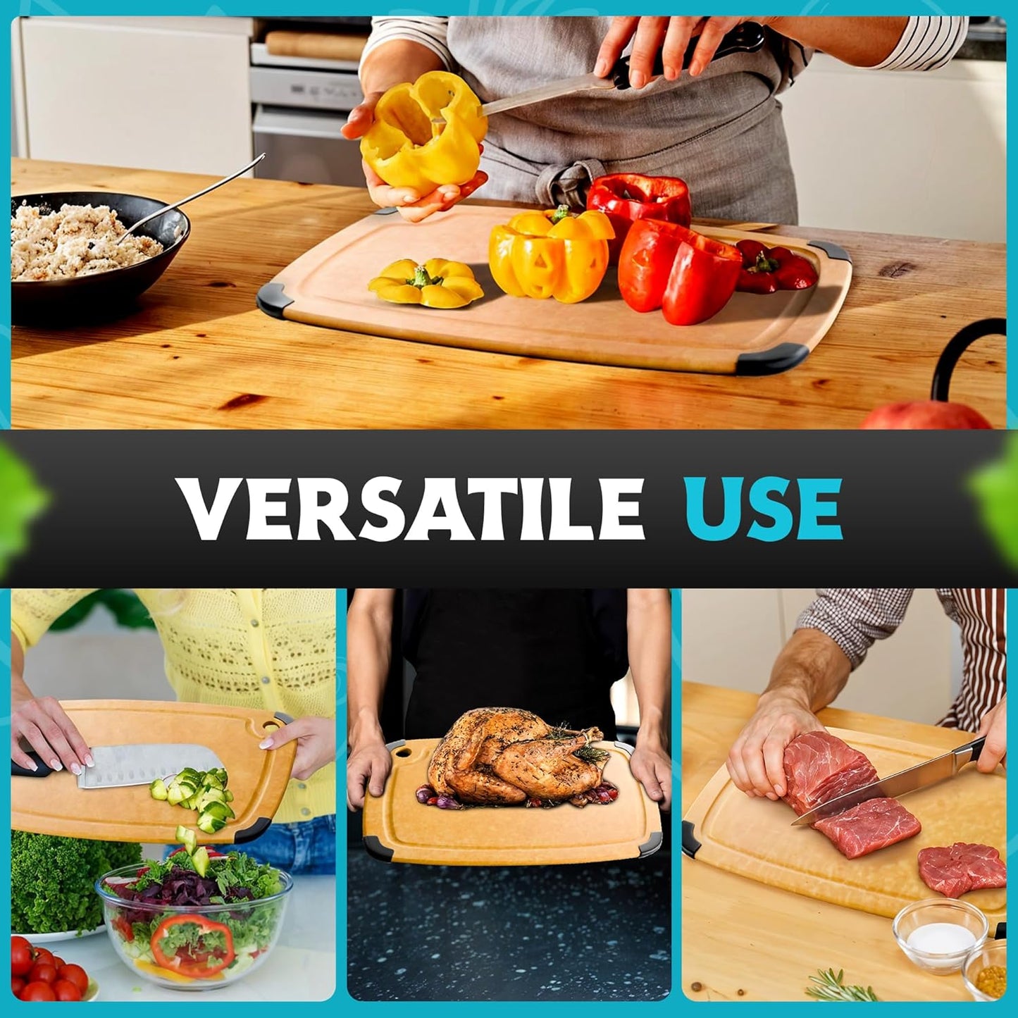 Dishwasher Safe Cutting Boards for Kitchen - Set of 2 Large Composite Wood Cutting Boards with Juice Groove, Non-Slip Feet & Lightweight Eco-Friendly Design 14.5" x 11" and 11.7" x 9.3"