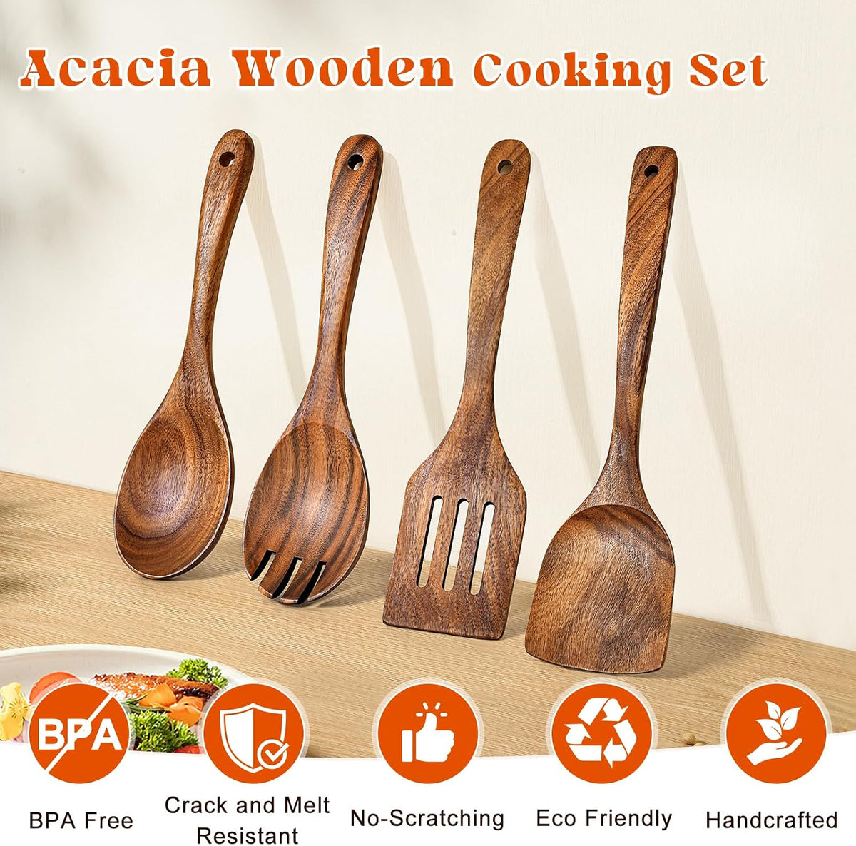 Wooden Spatula, Acacia Solid & Slotted Turner Spatula Set, Long Handle Flat Frying Spatulas, Ideal Kitchen Gift for Mother and Grandma, Kitchen Utensils Set for Cooking, Frying, Baking
