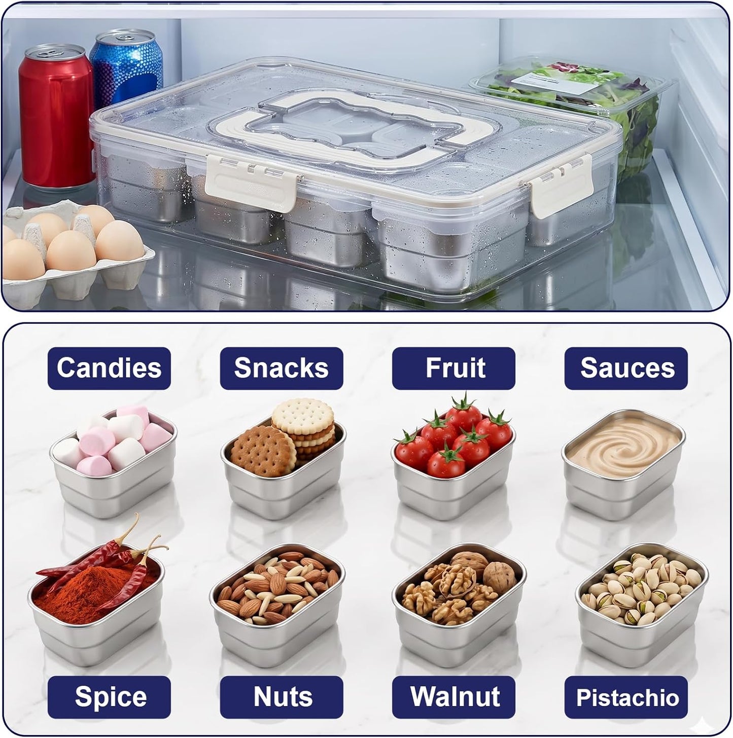 Stainless Steel Snackle Box Container, Divided Serving Tray | 8-Compartment with Lid and Handle, Large Snack Tray for Fruit Veggie Candy