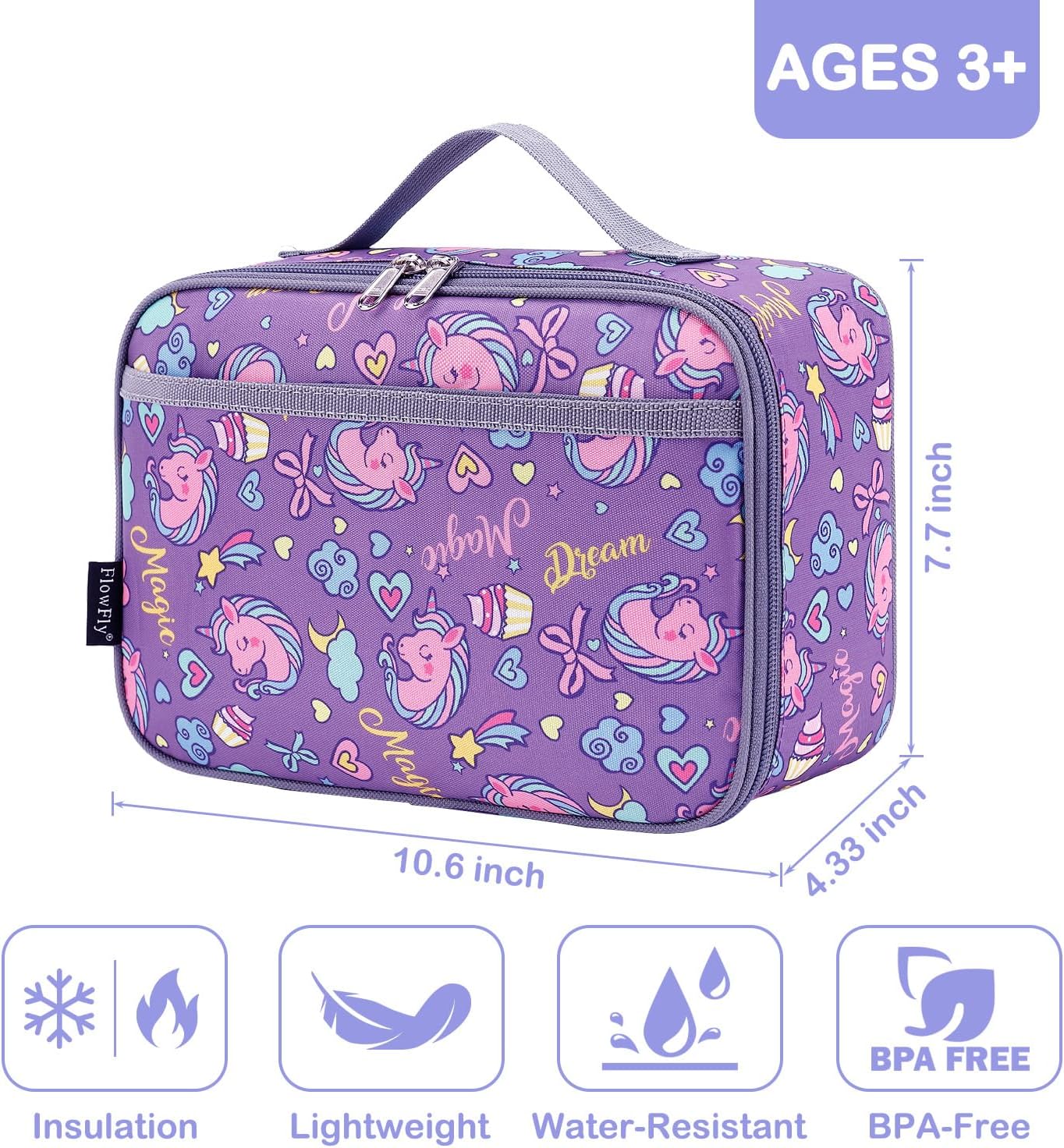 FlowFly Kids Lunch box Insulated Soft Bag Mini Cooler Back to School Thermal Meal Tote Kit for Girls, Boys, Black