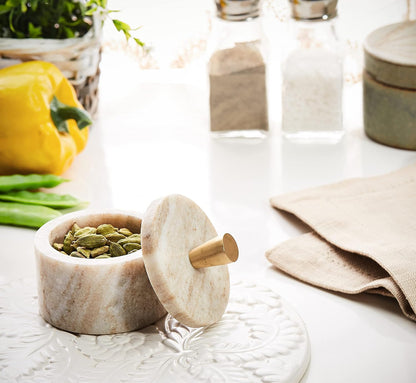 Queenza White Marble Salt Cellar with Lid and Brass Knob, 3 Inch Salt Box