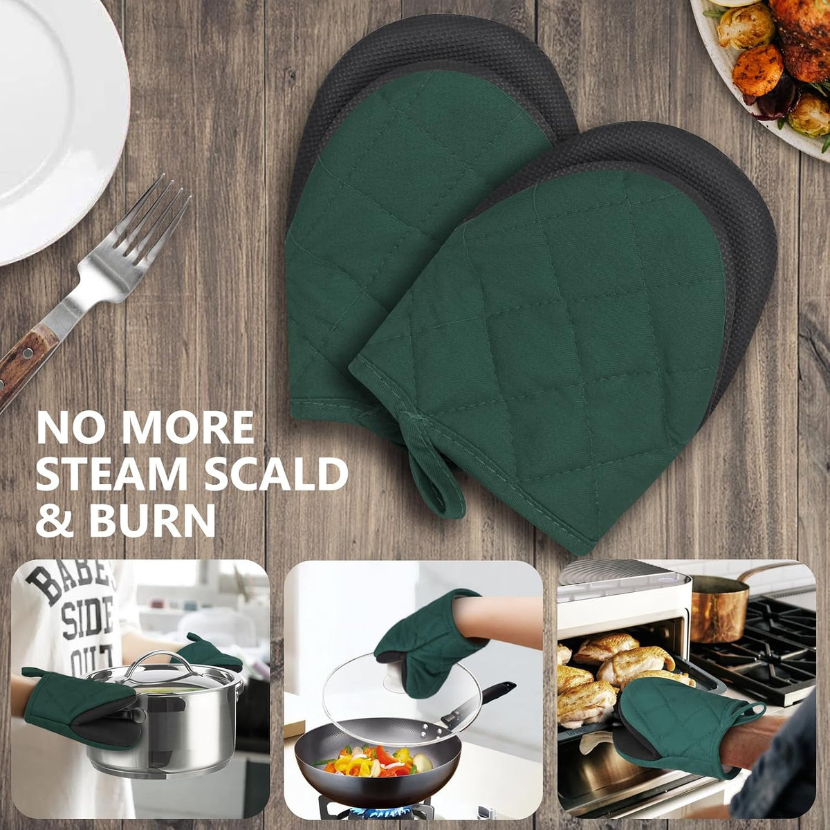 1 Pair Short Oven Mitts - Silicone Kitchen Oven Gloves High Heat Resistant 500℉, Mini Oven Mits with Non-Slip Grip Surfaces and Hanging Loop for BBQ, Baking, Cooking and Grilling (Black)
