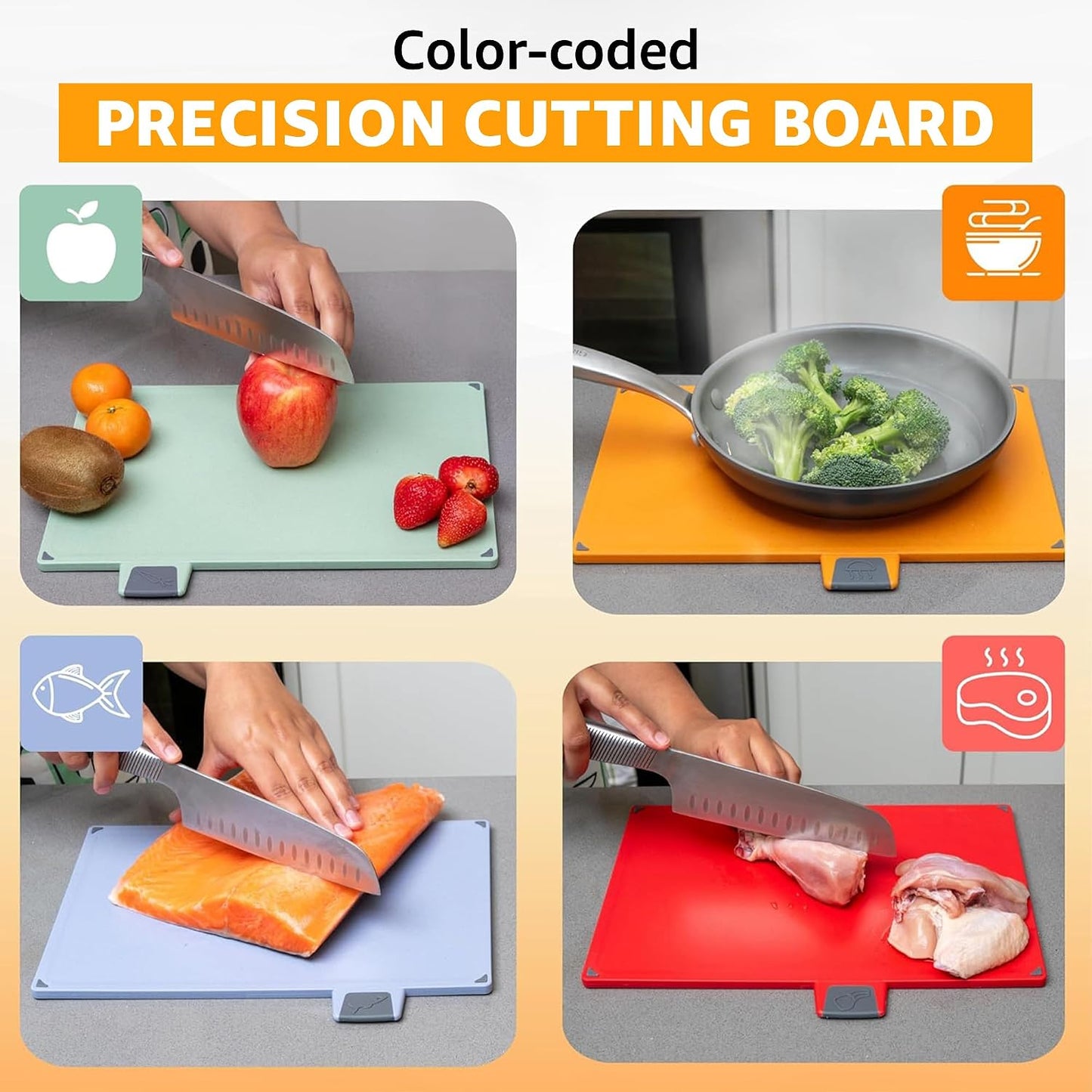 Cutting Board Set: 4-Piece Color-Coded, Non-Slip, BPA-Free, Perfect kitchen essentials for new home, Dishwasher Safe with Premium Scissors and Chopping Board Organizer, Quality kitchen stuff.