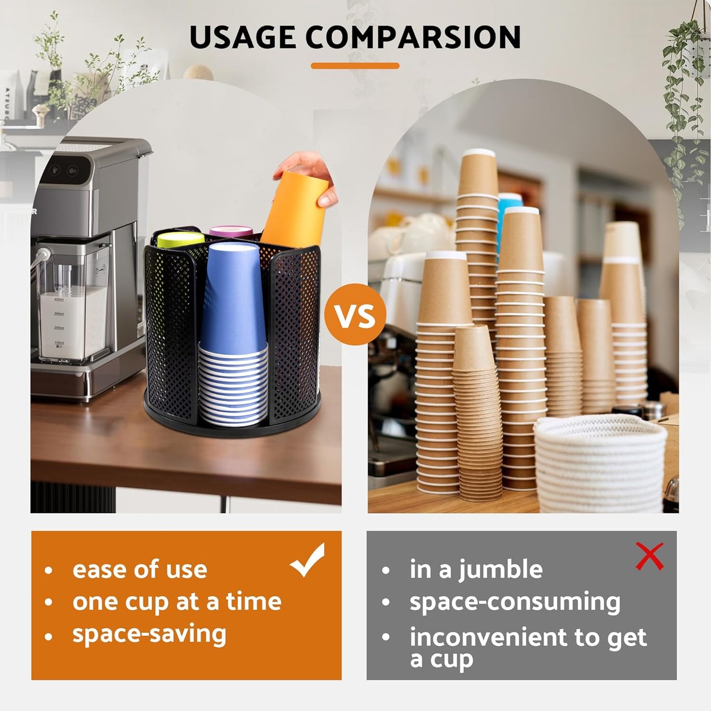 Rotating Paper Cup Dispenser with 4 Compartments, Disposable Coffee Cup Storage & Lid Holder for Countertops, Kitchen, Coffee Stations (White)