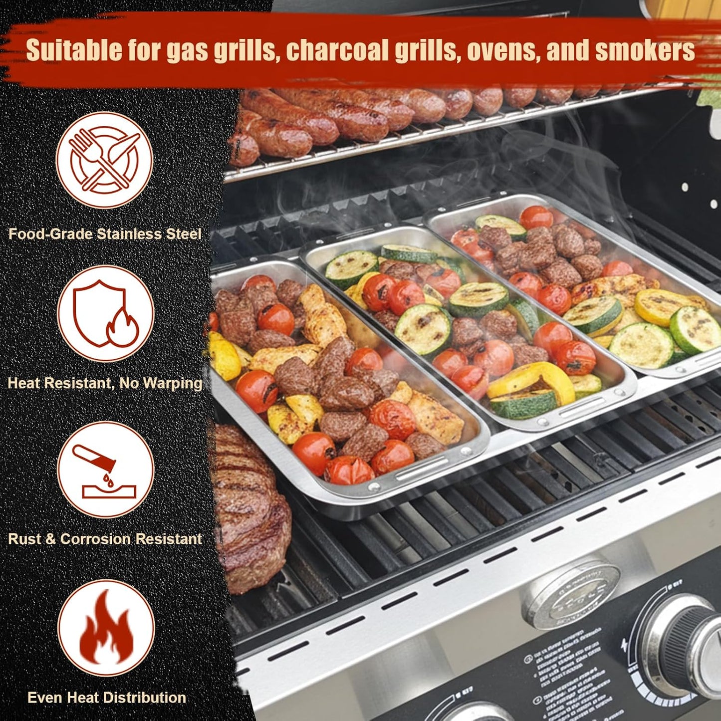 BBQ Vegetable Grill Basket Set, 4 Piece Stainless Steel Grill Pan Set with Universal Handle & lid, Dishwasher Safe, for Outdoor Cooking, Camping, Picnic, For Grilling Fish Veggies & Meats