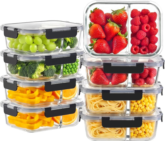 HOMBERKING 8 Pack Glass Meal Prep Containers 2 Compartment, 30oz Glass Food Storage Containers with Lids, Airtight Lunch Bento Boxes, BPA-Free & Leak Proof (8 lids & 8 Container) - Black