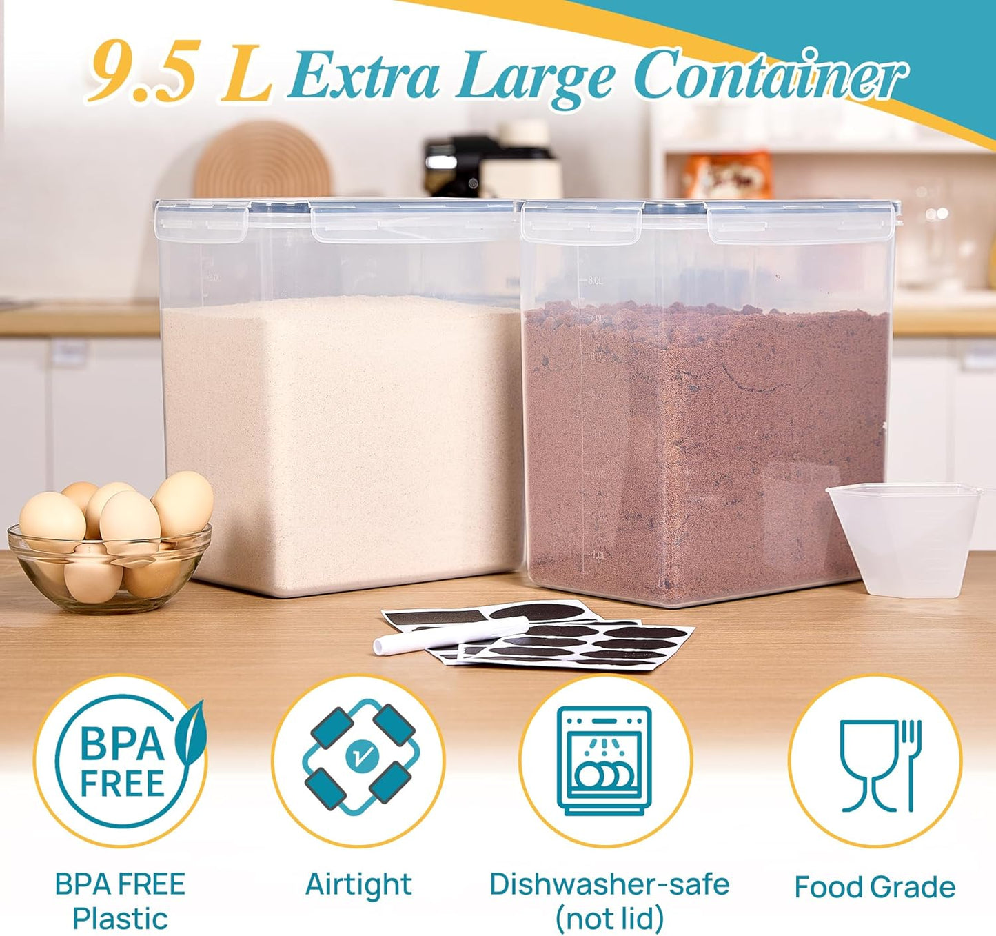 Vtopmart 4 PCS Large Food Storage Containers 5.2L / 175oz, 4 Pieces BPA Free Plastic Airtight Canisters for Flour, Sugar, Baking Supplies, Rice with Lids, 4 Measuring Cups and 24 Labels, Black