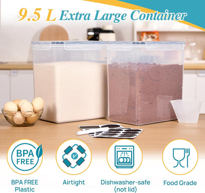 Vtopmart 4 PCS Large Food Storage Containers 5.2L / 175oz, 4 Pieces BPA Free Plastic Airtight Canisters for Flour, Sugar, Baking Supplies, Rice with Lids, 4 Measuring Cups and 24 Labels, Black
