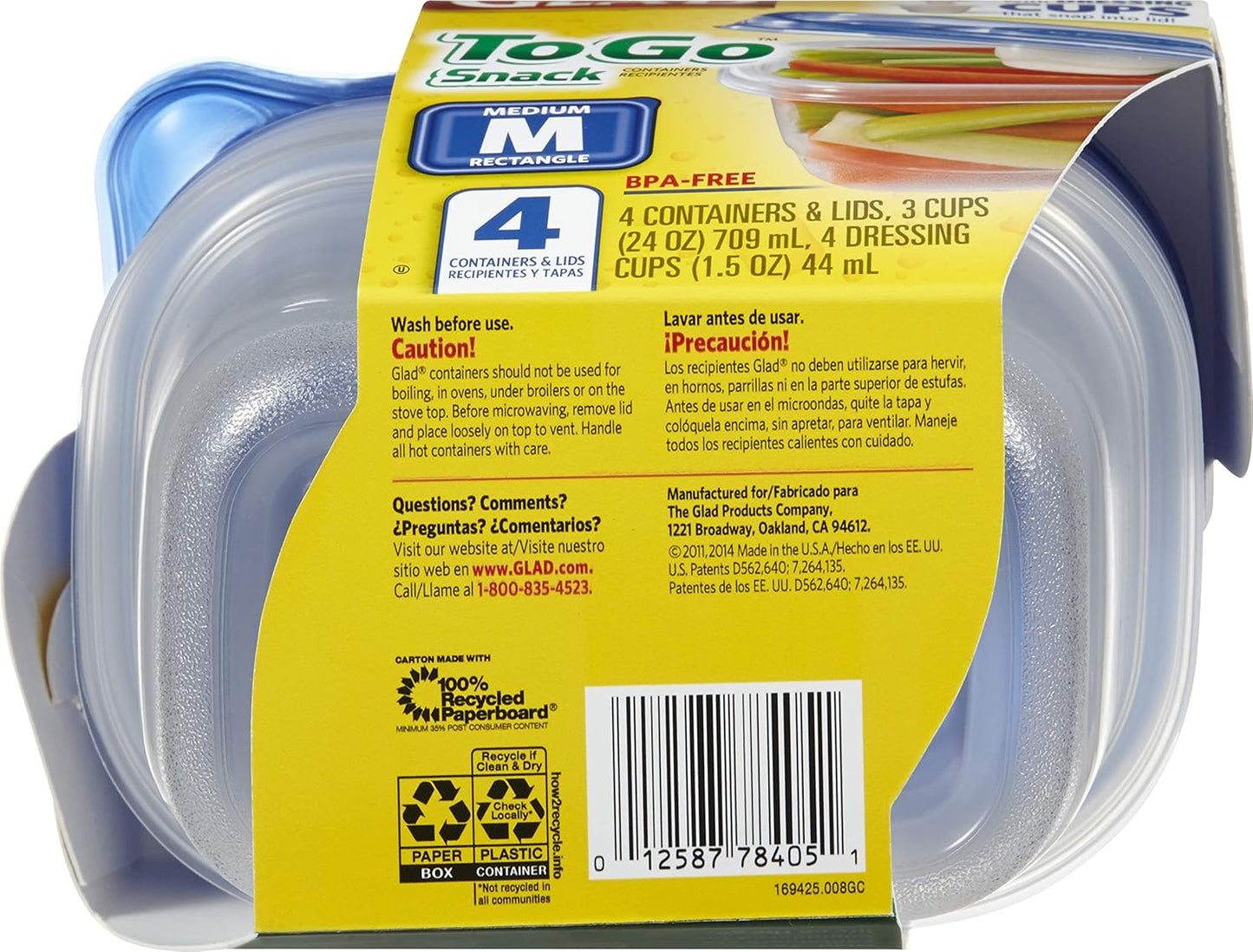 Glad GladWare To Go Snack Food Storage Containers with Lids, Medium Rectangle No BPA Plastic with Built-In Dressing Cup for Salads and Snacks, Microwave Dishwasher Safe, 24 Oz, 4 Count