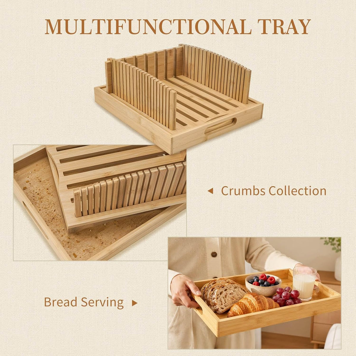 Bread Slicing Guide, Bamboo Bread Slicing Guides with Adjustable Width, Crumb Catcher & Serve Tray for Homemade Bread Cut