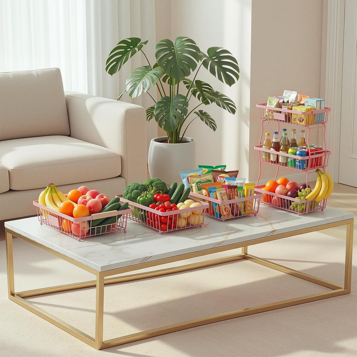 Fruit Basket Bowl 2 Tier Detachable with 2 Banana Hangers, Fruit Stand Holder for Kitchen Countertop, Metal Wire Vegetable Storage Organizer, for Bread Snack Veggies Produce, Black