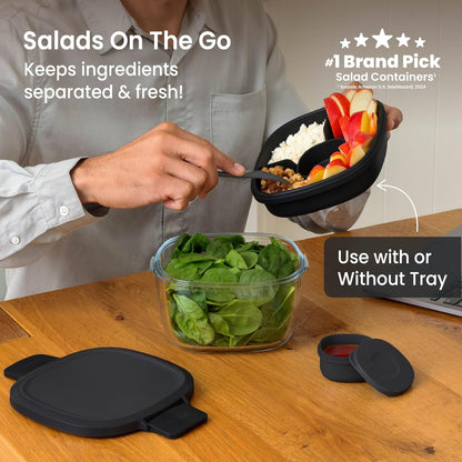 Bentgo Glass Salad Container - 7.6-Cup Salad Bowl with Airtight Lid, Leak-Proof Sauce Container, 4-Compartment Bento Tray & Reusable Fork - BPA-Free for Meal Prep, Office & More (Light Blue)