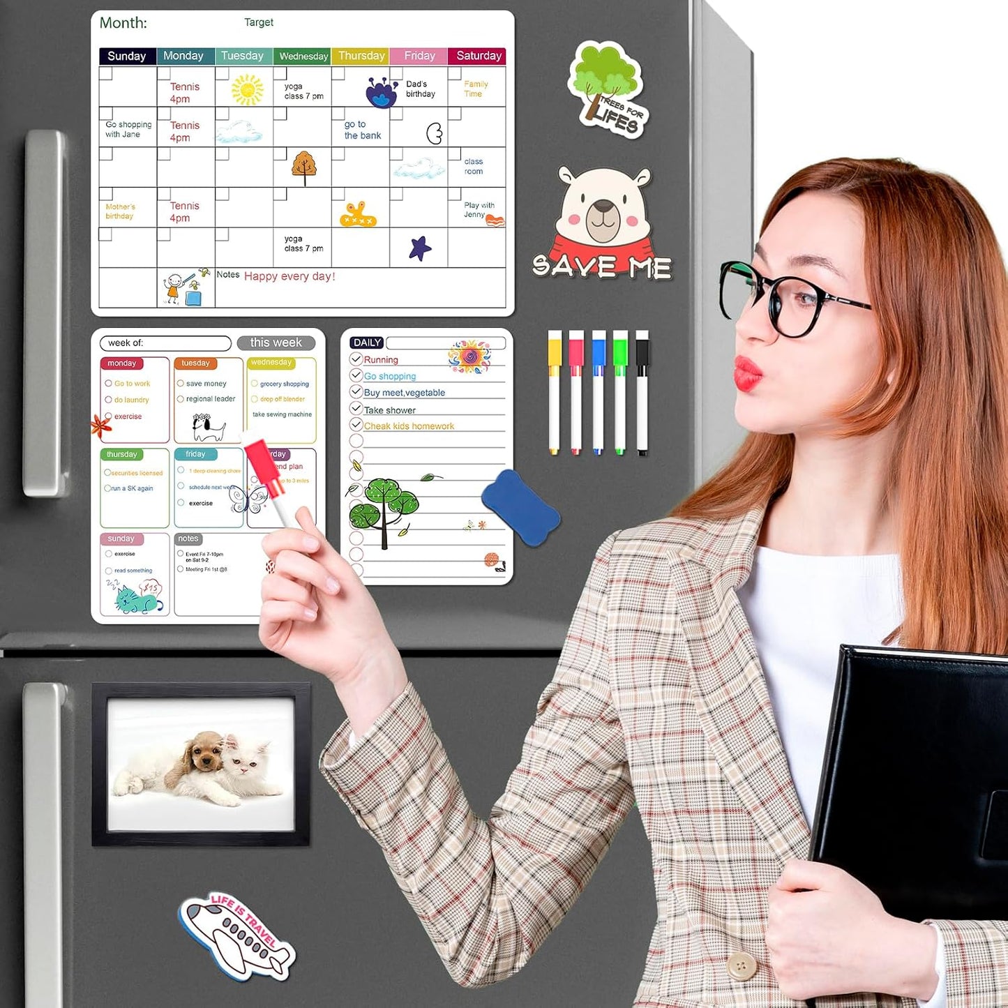 Magnetic Dry Erase Fridge Calendar Whiteboard Set,3 Pack 14.6" x 11" Reusable Refrigerator Calendar for Fridge & Wall-Monthly, Weekly,Daily Planners Refrigerator White Board with 5 Markers and Eraser