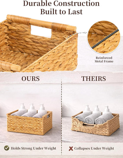 Water Hyacinth Wicker Basket, 13.39*9.45*4.65 Inch Woven Basket with Handles, Wooden Handles Wicker Storage Basket, Rattan Basket for Decorative Baskets, Pantry, Shelves, Gift, Toys - Medium