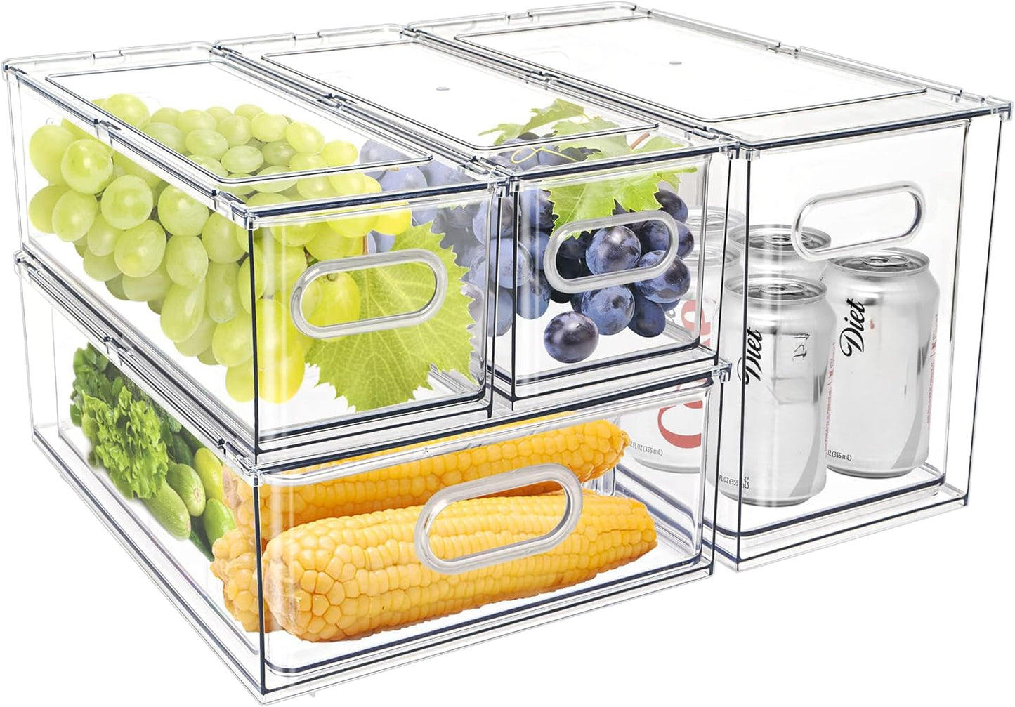 Mano Stackable Fridge Drawers Pull Out Bins with Handle Clear Refrigerator Drawers Organizer Food Storage Container Box with Dividers Plastic Produce Saver for Pantry, Cabinet, Kitchen, Clothes（7Pack）