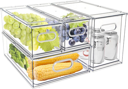 Mano Stackable Fridge Drawers Pull Out Bins with Handle Clear Refrigerator Drawers Organizer Food Storage Container Box with Dividers Plastic Produce Saver for Pantry, Cabinet, Kitchen, Clothes（7Pack）