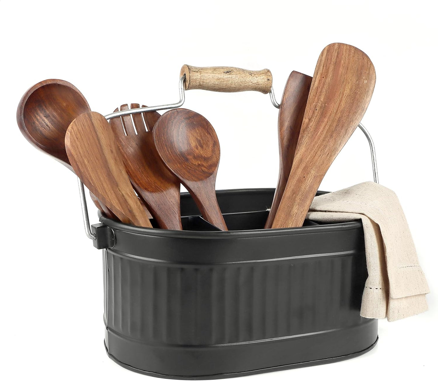 CLEENTABLE Rustic Galvanized Utensil Caddy - Farmhouse Silverware Holder for Kitchen, Dining, Picnic, Parties - Durable Cutlery Organizer with Handle, Countertop Storage (Black)