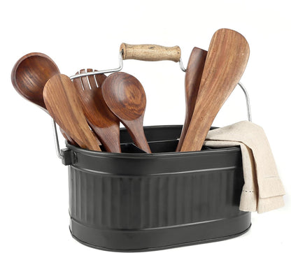 CLEENTABLE Rustic Galvanized Utensil Caddy - Farmhouse Silverware Holder for Kitchen, Dining, Picnic, Parties - Durable Cutlery Organizer with Handle, Countertop Storage (Black)
