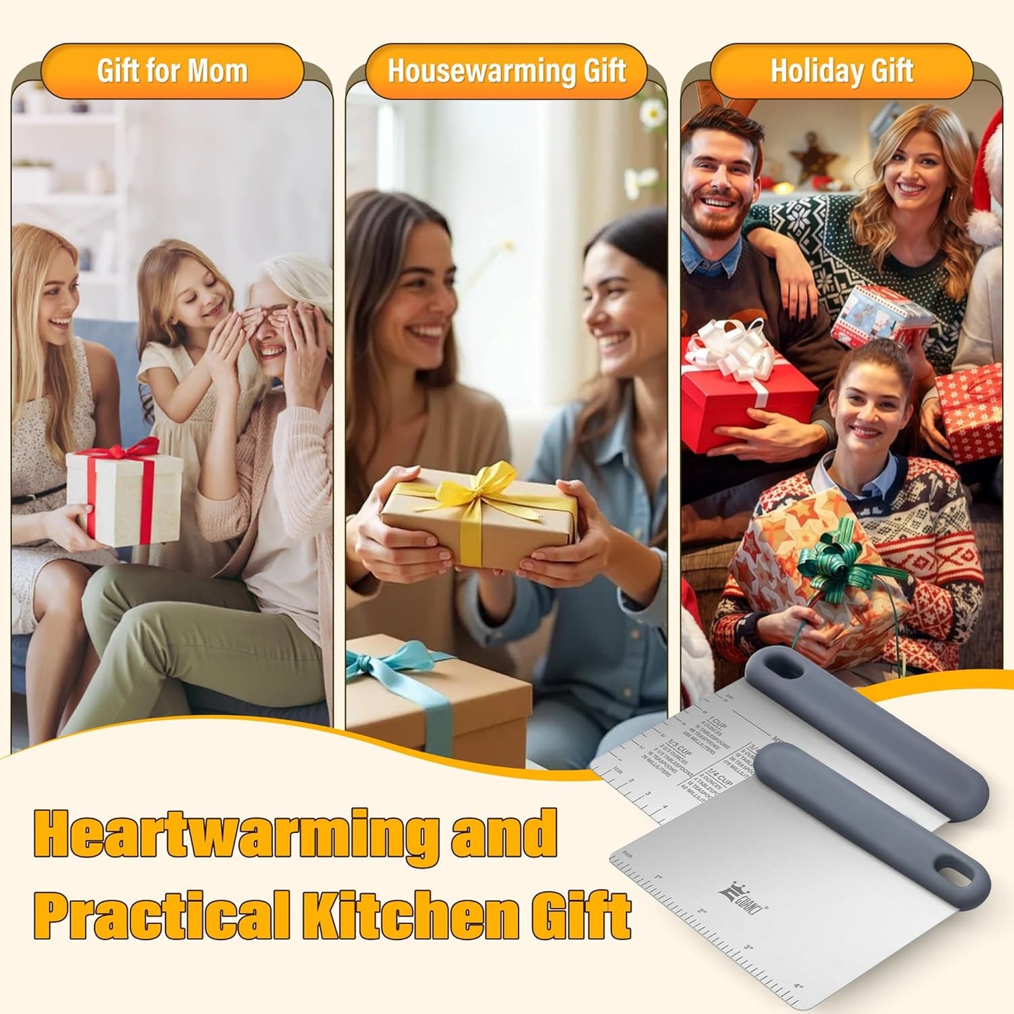 Bench & Dough Scraper Set of 4, Flexible Stainless Steel Kitchen Scraper with Platinum Silicone Non-Slip Grip, Multipurpose Food Scraper for Dough, Dishwasher Safe, Measuring Scale & Conversion Chart