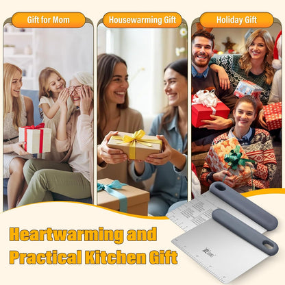 Bench & Dough Scraper Set of 4, Flexible Stainless Steel Kitchen Scraper with Platinum Silicone Non-Slip Grip, Multipurpose Food Scraper for Dough, Dishwasher Safe, Measuring Scale & Conversion Chart