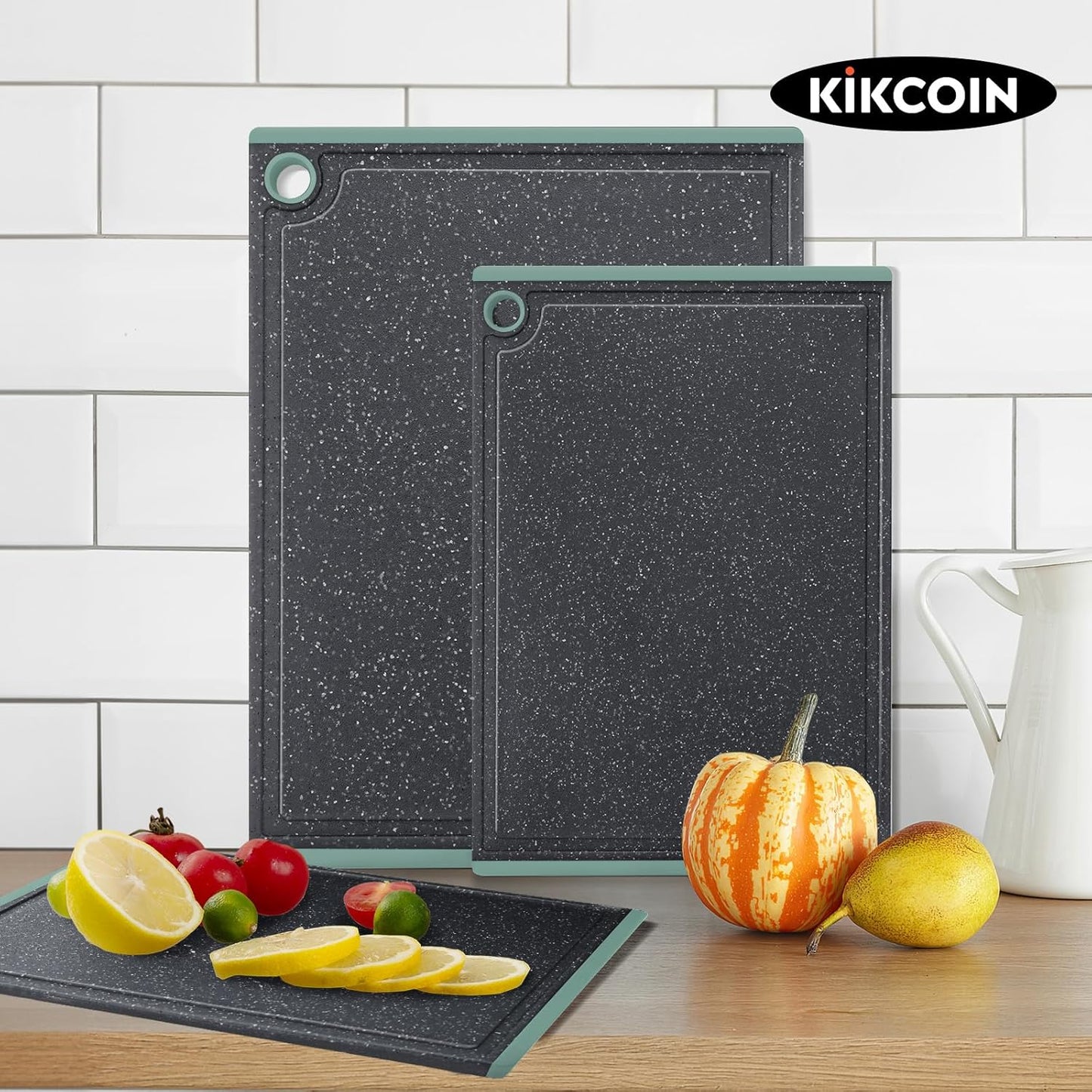 Kikcoin Plastic Cutting Boards for Kitchen, 3-Piece Large Cutting Board Set Dishwasher Safe Chopping Boards with Non-slip Feet and Juice Grooves, Gray